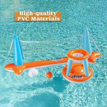 JOYIN XL Inflatable Pool Float Set, 125'' Volleyball Net & Basketball Hoops, Extra Large Floating Swimming Game Toy for Kids and Adults, Summer Floaties, Volleyball Court|Basketball, XL-Orange