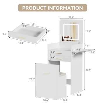 ARTETHYS Small Vanity Desk Set with Flip-top Mirror and Lights White Integrated 3 in 1 Makeup Vaniti...