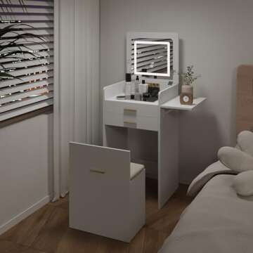ARTETHYS Small Vanity Desk Set with Flip-top Mirror and Lights White Integrated 3 in 1 Makeup Vanities Set for Compact Space Mini Dressing Table with Fold-up Panel and Storage Chair for Bedroom