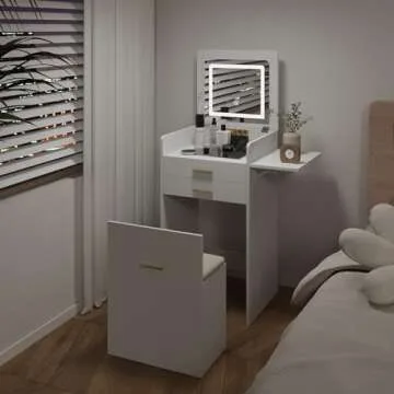 ARTETHYS Small Vanity Desk Set with Flip-top Mirror and Lights White Integrated 3 in 1 Makeup Vanities Set for Compact Space Mini Dressing Table with Fold-up Panel and Storage Chair for Bedroom