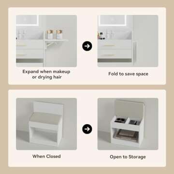 ARTETHYS Small Vanity Desk Set with Flip-top Mirror and Lights White Integrated 3 in 1 Makeup Vanities Set for Compact Space Mini Dressing Table with Fold-up Panel and Storage Chair for Bedroom