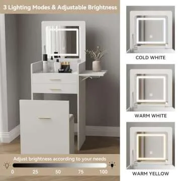 ARTETHYS Small Vanity Desk Set with Flip-top Mirror and Lights White Integrated 3 in 1 Makeup Vanities Set for Compact Space Mini Dressing Table with Fold-up Panel and Storage Chair for Bedroom
