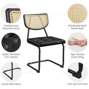 Yaheetech Dining Chairs Set of 2, Rattan Dining Chairs Mid Century Modern Kitchen Chairs with Metal Legs and Upholstered Seat for Living Room, Faux Leather, Black