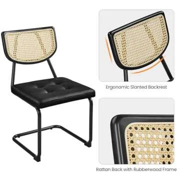 Yaheetech Dining Chairs Set of 2, Rattan Dining Chairs Mid Century Modern Kitchen Chairs with Metal Legs and Upholstered Seat for Living Room, Faux Leather, Black