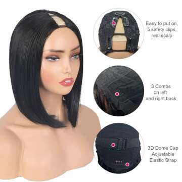 Enguer V Part Wig Human Hair Bob Wig Human Hair for Black WomenBrazilian Remy Human Hair BobWigs Beginner Friendly No Glue No Sew in Glueless WigsNatural Black 14inch