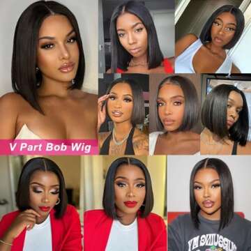 Enguer V Part Wig Human Hair Bob Wig Human Hair for Black WomenBrazilian Remy Human Hair BobWigs Beginner Friendly No Glue No Sew in Glueless WigsNatural Black 14inch