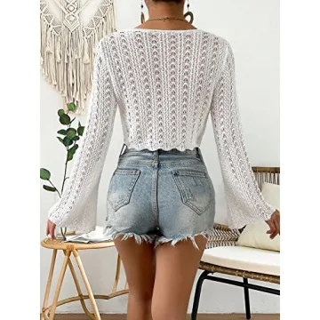 Verdusa Women's Tie Front Bell Long Sleeve Scalloped Crop Cardigan Knit Top White S