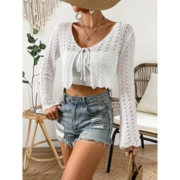 Verdusa Women's Tie Front Bell Long Sleeve Scalloped Crop Cardigan Knit Top White S