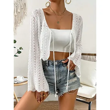 Verdusa Women's Tie Front Bell Long Sleeve Scalloped Crop Cardigan Knit Top White S