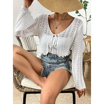 Verdusa Women's Tie Front Bell Long Sleeve Scalloped Crop Cardigan Knit Top White S