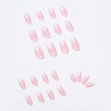 BABALAL 24Pcs Medium Coffin Fake Nails Pink White Flame False Nails Glossy Ballerina Press on Nails for Women and Girls