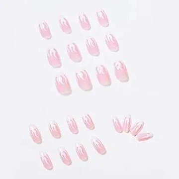 BABALAL 24Pcs Medium Coffin Fake Nails Pink White Flame False Nails Glossy Ballerina Press on Nails for Women and Girls