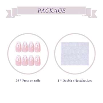 BABALAL 24Pcs Medium Coffin Fake Nails Pink White Flame False Nails Glossy Ballerina Press on Nails for Women and Girls