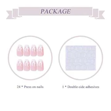 BABALAL 24Pcs Medium Coffin Fake Nails Pink White Flame False Nails Glossy Ballerina Press on Nails for Women and Girls