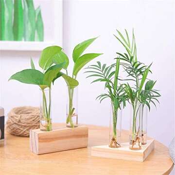 Ivolador Crystal Glass Test Tube Plant Terrarium Flower Pots for Hydroponic Plants Home Garden Decoration (Triangle Wooden Frame)
