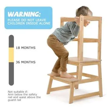 Kids Kitchen Step Stool, Standing Step Stool with Safety Rail for Toddlers 18 Months and Older, Safety Anti-Slip Protection, Removable Step Stool for Adult Use, Natural