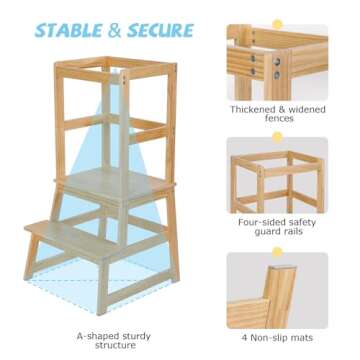 Kids Kitchen Step Stool, Standing Step Stool with Safety Rail for Toddlers 18 Months and Older, Safety Anti-Slip Protection, Removable Step Stool for Adult Use, Natural