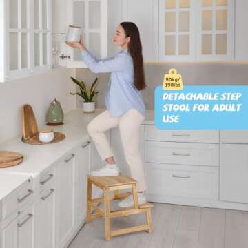 Kids Kitchen Step Stool, Standing Step Stool with Safety Rail for Toddlers 18 Months and Older, Safety Anti-Slip Protection, Removable Step Stool for Adult Use, Natural