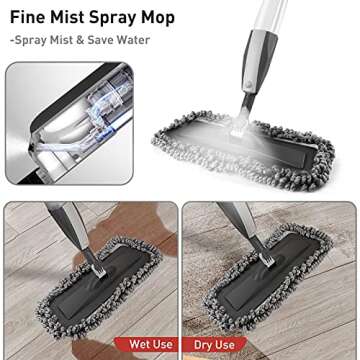 Spray Floor Mop, Mops for Floor Cleaning, Microfiber Hardwood Floor Mop for Laminate Tile Ceramic Wood Floor Cleaning, Dry Wet Mop with Spray Bottle 3 Reusable Pads 1 Scraper (Grey, 120cm)