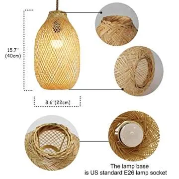 Bamboo Bulb Guard Lamp Cage for Pendant Lights, Rustic Vintage Bamboo Lamp Guard, Bamboo LAMP Shade with a FREE DIMMABLE 40W LED BULB, D8.7 xH15.7, Natural