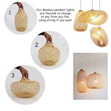 Bamboo Bulb Guard Lamp Cage for Pendant Lights, Rustic Vintage Bamboo Lamp Guard, Bamboo LAMP Shade with a FREE DIMMABLE 40W LED BULB, D8.7 xH15.7, Natural
