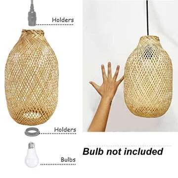 Bamboo Bulb Guard Lamp Cage for Pendant Lights, Rustic Vintage Bamboo Lamp Guard, Bamboo LAMP Shade with a FREE DIMMABLE 40W LED BULB, D8.7 xH15.7, Natural