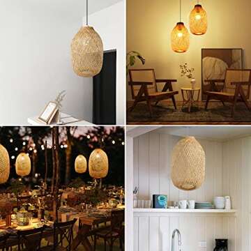 Bamboo Bulb Guard Lamp Cage for Pendant Lights, Rustic Vintage Bamboo Lamp Guard, Bamboo LAMP Shade with a FREE DIMMABLE 40W LED BULB, D8.7 xH15.7, Natural
