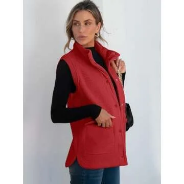 ANRABESS Womens Fuzzy Fleece Vest Sleeveless Casual Warm Button Down Sherpa Jackets Outerwear With Pockets Winter Fashion Red Medium