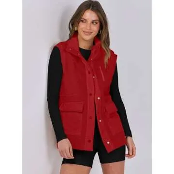 ANRABESS Womens Fuzzy Fleece Vest Sleeveless Casual Warm Button Down Sherpa Jackets Outerwear With Pockets Winter Fashion Red Medium