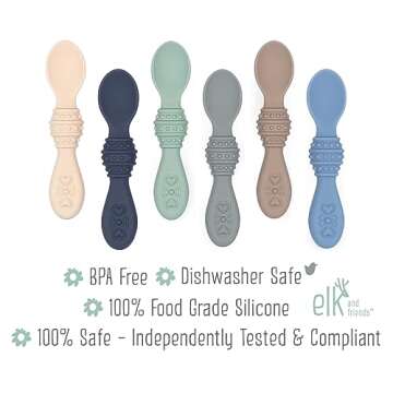 Elk and Friends Silicone Baby Spoons | Travel Case Included | First Stage Infant Toddler Spoon | Bab...