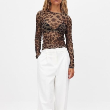 Chic Leopard Print Sheer Mesh Long Sleeve Top