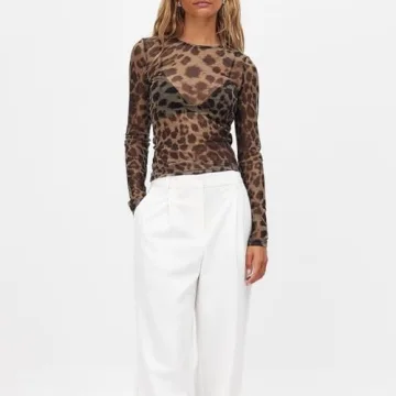 Chic Leopard Print Sheer Mesh Long Sleeve Top