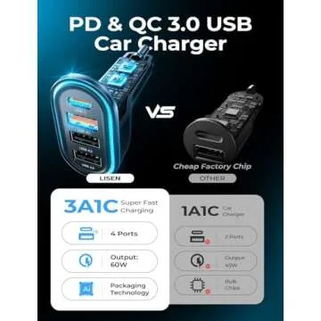 Car Charger Adapter Fast Charging，LISEN 60W Car USB Charger Multi Port,USB Car Charger Adapter Outlet,PD&QC3.0 Cigarette Lighter USB Charger for iPhone 16/15/14/13/12,Samsung Galaxy S25 Ultra,Pixel