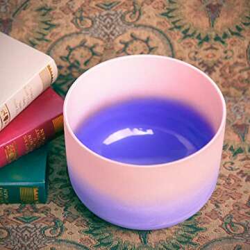 KVKA Rainbow F Note Heart Chakra Pink-Puprle Color Frosted Quartz Crystal Singing Bowl 8 inch with C...