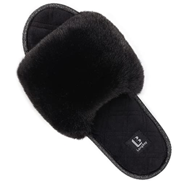 LongBay Women's Fuzzy Faux Fur Memory Foam Cozy Flat Spa Slide Slippers Comfy Open Toe Slip On House...