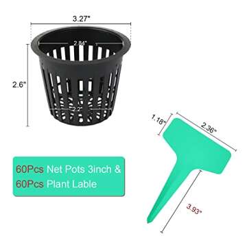 Business King 3 Inch Net Pots for Hydroponics 60 Packs with Plant Labels 60Pcs Heavy Duty Wide Mouth Net Cups Slotted Mesh Pot Garden Supplies (3 inch 60 Packs)