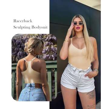 SHAPERX Bodysuit for Women Tummy Control Shapewear Racerback Seamless Sculpting Body Shaper Tank Top,SZ5305-Beige-S/M