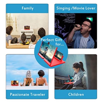 12" Screen Magnifier –3D HD Mobile Phone Magnifier Projector Screen Enlarger for Movies, Videos, and Gaming–Foldable Cell Phone Stand with Screen Amplifier–Supports All Smartphones (Red, 12inch)