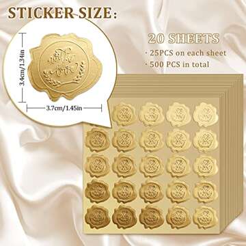 Whaline 500Pcs Gold Embossed Envelope Seals with Love Wax Looking Seal Wedding Stickers Self-Adhesiv...