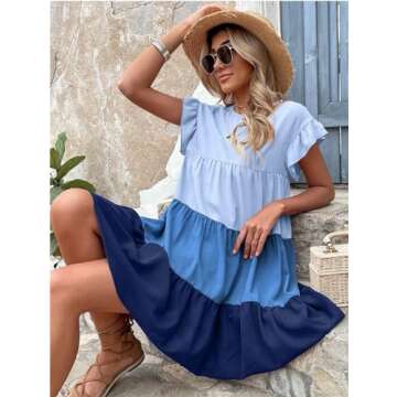 Women's Elegant Autumn Color Block Short Sleeve Round Neck Boho Striped Flowy A Line Short Dress（C07-Blue-M
