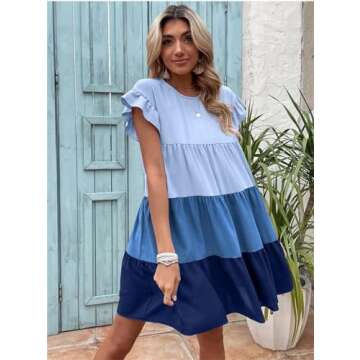 Women's Elegant Autumn Color Block Short Sleeve Round Neck Boho Striped Flowy A Line Short Dress（C07-Blue-M