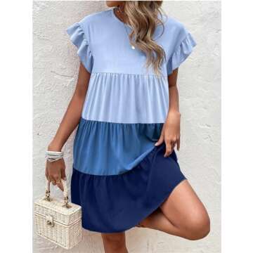 Women's Elegant Autumn Color Block Short Sleeve Round Neck Boho Striped Flowy A Line Short Dress（C07-Blue-M