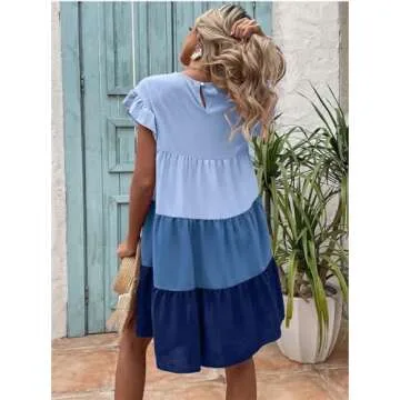 Women's Elegant Autumn Color Block Short Sleeve Round Neck Boho Striped Flowy A Line Short Dress（C07-Blue-M