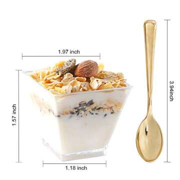 supernal 2oz Square Plastic Mini Dessert Cups with Gold Spoons,Parfait Appetizer Cup,100pcs Cups,100...