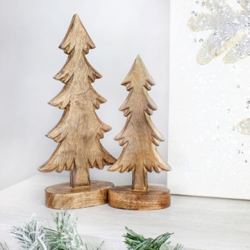 AuldHome Design Wooden Christmas Trees (Set of 2, Natural); Tabletop Handmade Wood Trees w/Rectangular Base for Holiday Home Decor