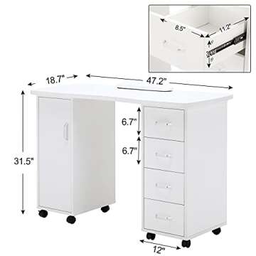 BarberPub Manicure Table, Acetone Resistant Nail Desk, Nail Table with 4 Drawers, 2 Cabinet, Lockabl...