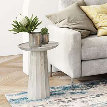SIMPLIHOME Dayton SOLID MANGO WOOD 13 Inch Wide Round Wooden Accent Table in White Wash, Fully Assem...