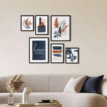 ArtbyHannah Framed Wall Art for Living Room, 6 Pieces Boho Botanical Wall Art with Blue Orange Tropical Plants and Color Blocks for Wall Decor, Multi Sizes
