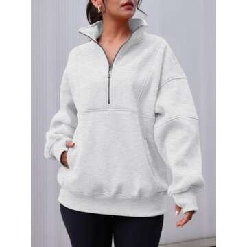 AUTOMET Women's Half Zip Oversized Sweatshirts Fleece Pullover Long Hoodies Casual Mock Turtleneck Sweaters with Pockets Grey M