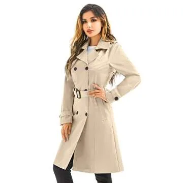 FARVALUE Women's Waterproof Trench Coat Long Double Breasted Windbreaker Classic Belted Lapel Overcoat with Removable Hood Khaki Medium